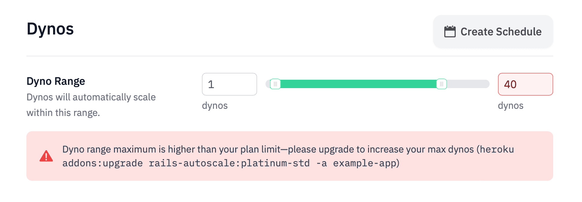 Screenshot: Validation error when setting dyno range beyond the current plan limit