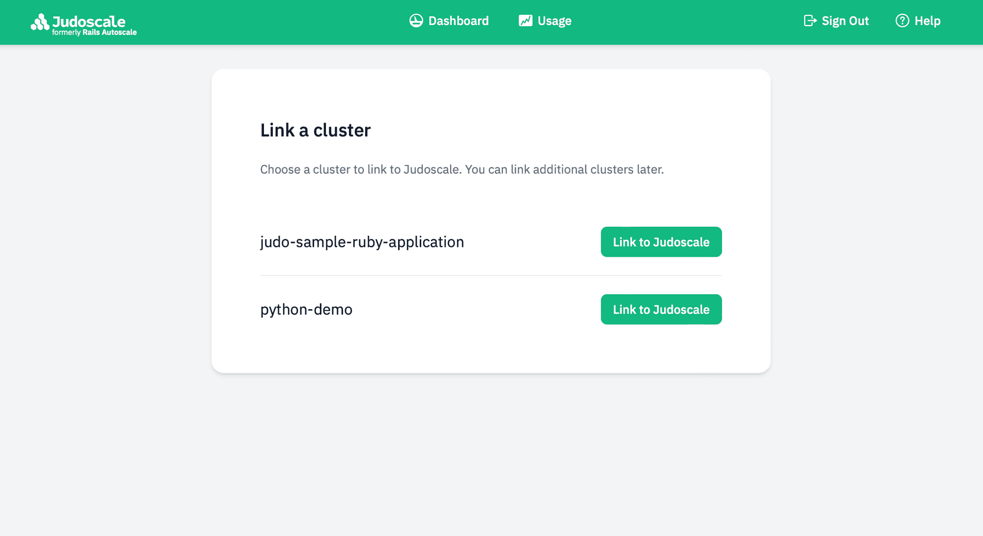 Screenshot of the Judoscale UI prompting the user to select a Cluster from their ECS account to link into Judoscale