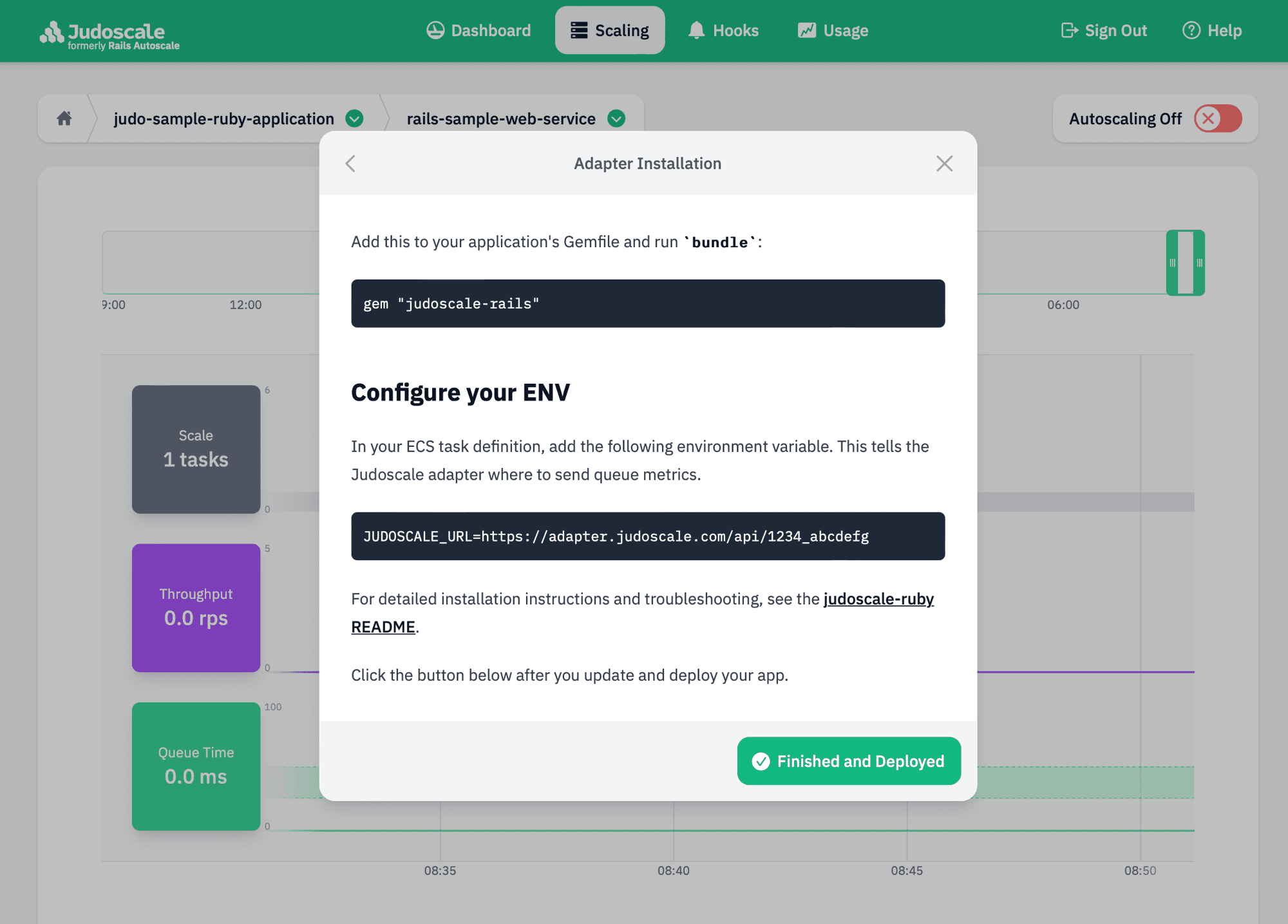 Screenshot of the Judoscale UI prompting the user to setup and install a unique ENV key and value