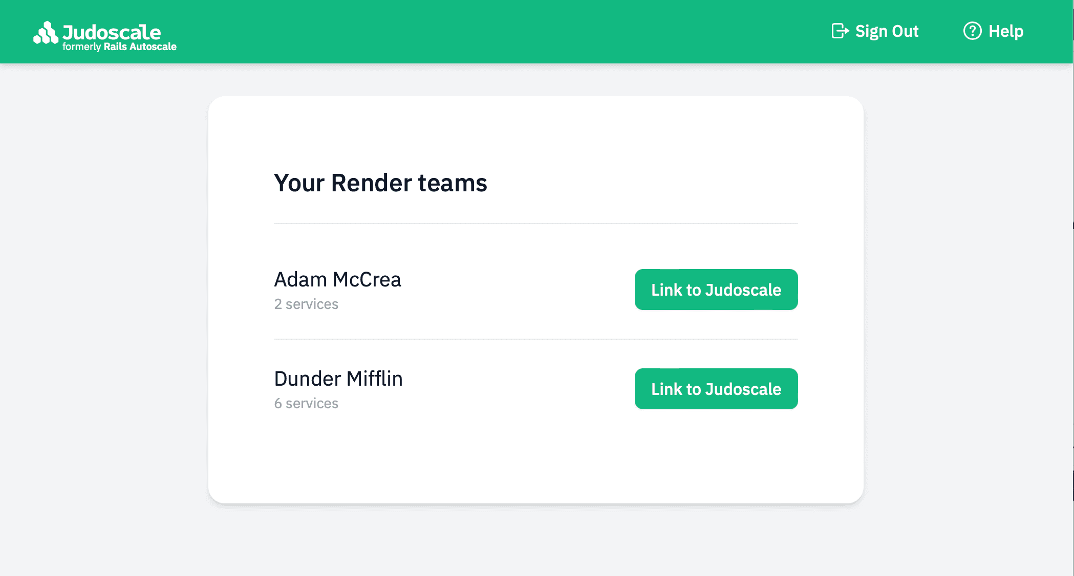 Screenshot: Render team listing in Judoscale