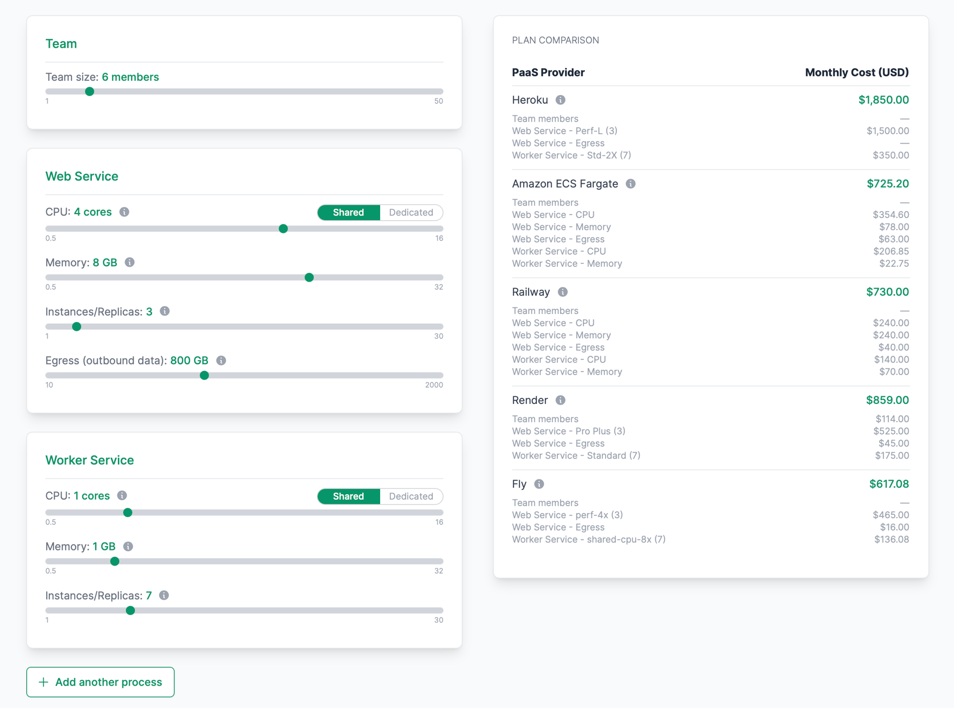 Screenshot of the Judoscale PaaS pricing calculator