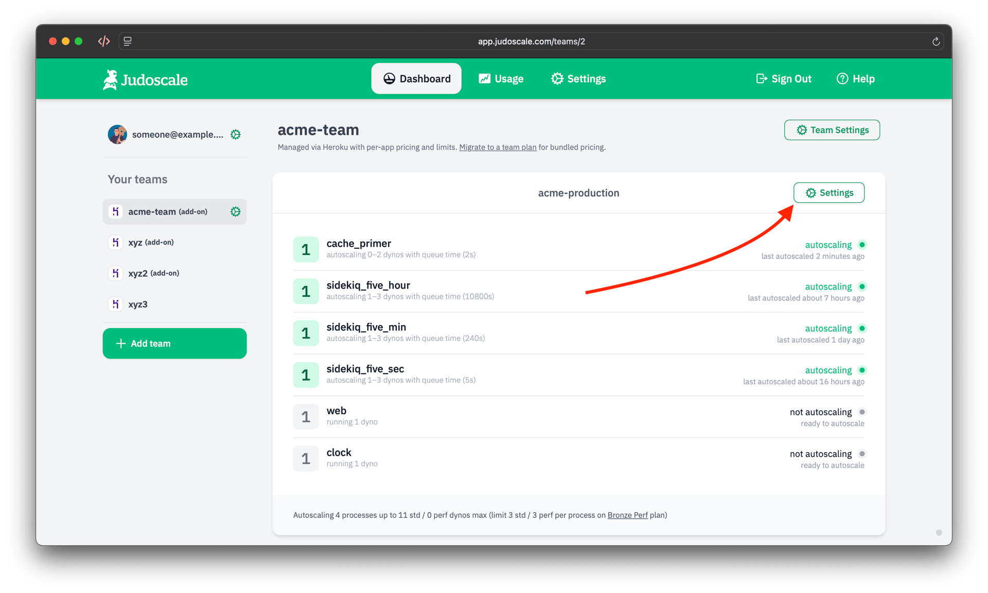 Screenshot of the Judoscale web UI pointing toward the settings button for a given app