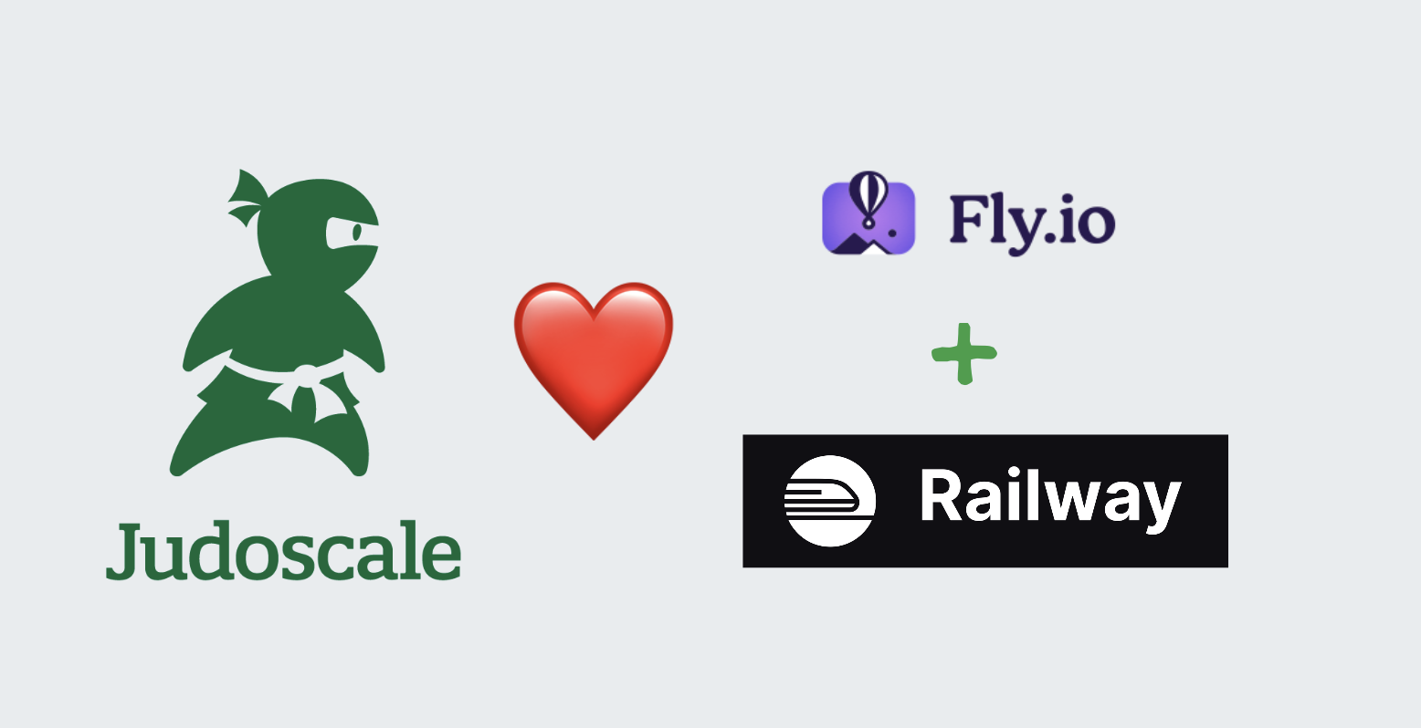 Graphic of the Judoscale logo with a heart and the Fly.io and Railway logos