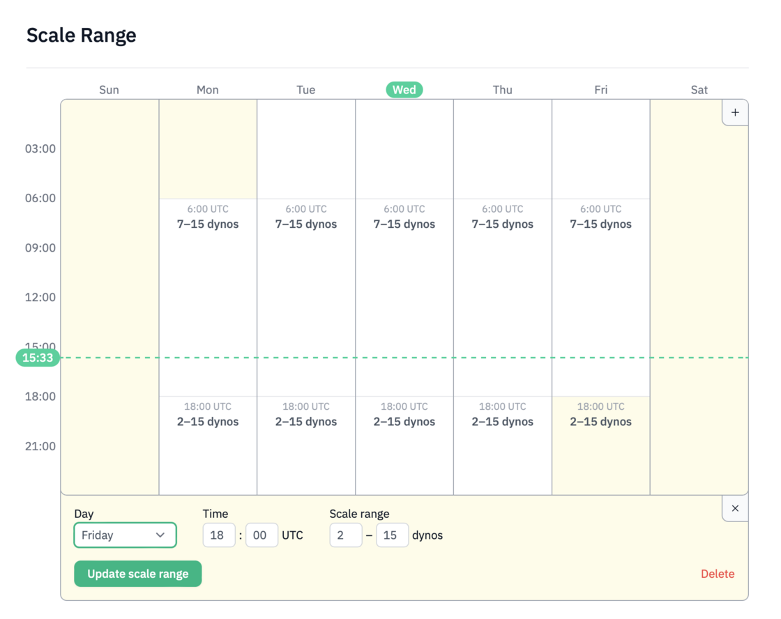 A screenshot of our new scheduling UI, resembling a weekly calendar