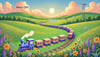 An AI-generated image of a train rolling through a peaceful rolling meadow, towing lots of train cars that read words like “build”, “test”, and “deploy” on the sides