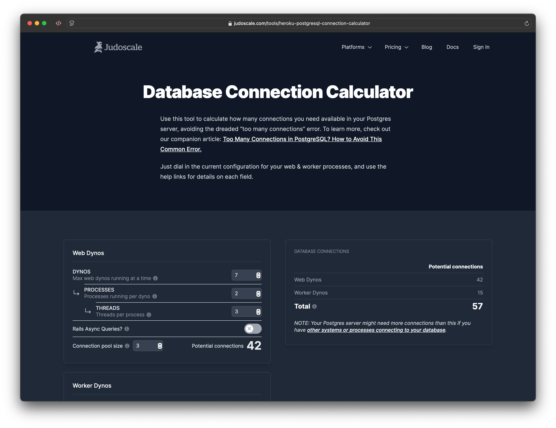 Screenshot of the database connection calculator webpage UI