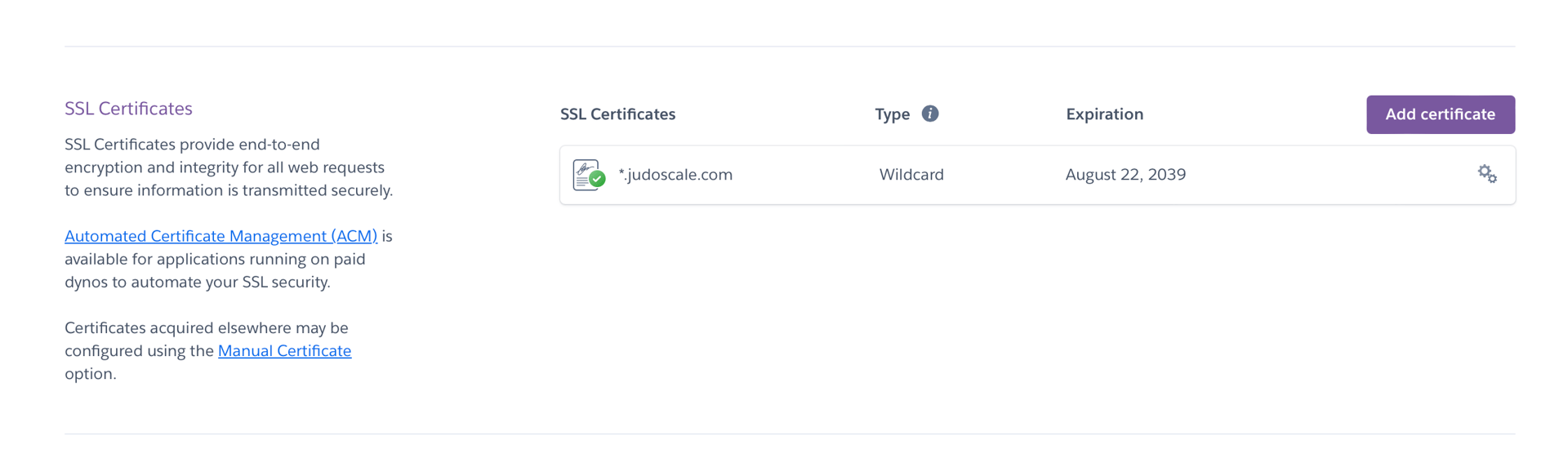 Screenshot of the Heroku SSL Certificates again, now with a certificate showing in the list