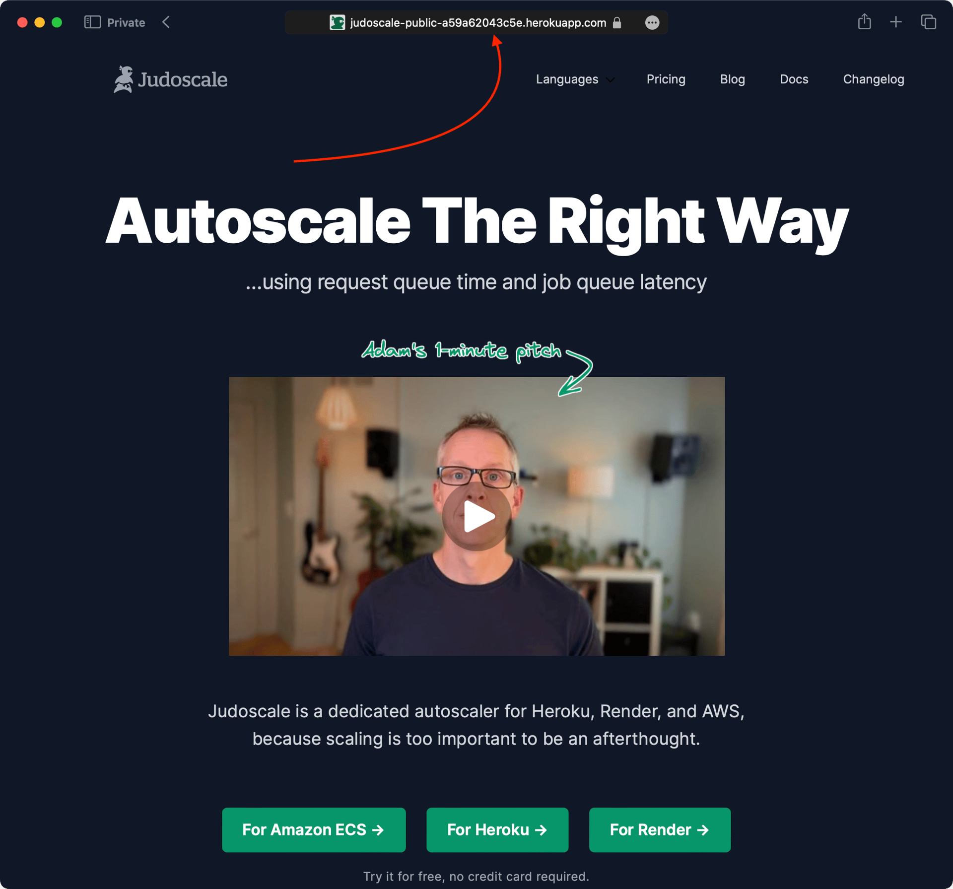 A screenshot of the Judoscale website being resolved in a browser from the heroku-app domain