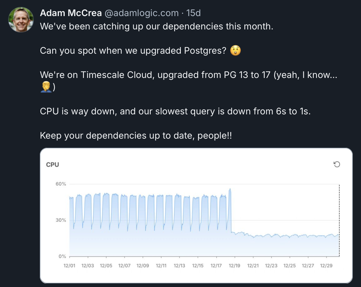 Screenshot of an interesting post by Adam talking about Postgres upgrades