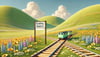 An AI-generated image of a train rolling through a peaceful rolling meadow, pulling up to a crossroads with a sign that says “Scaling Station”