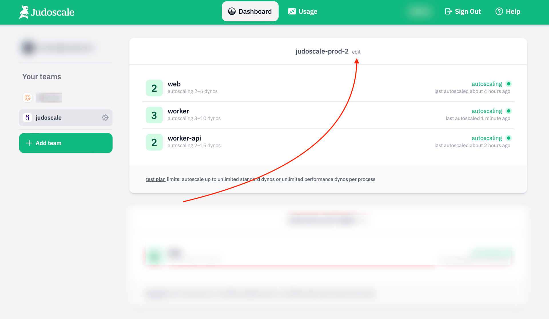 A screenshot of the team-level view in Judoscale, showing all available apps
