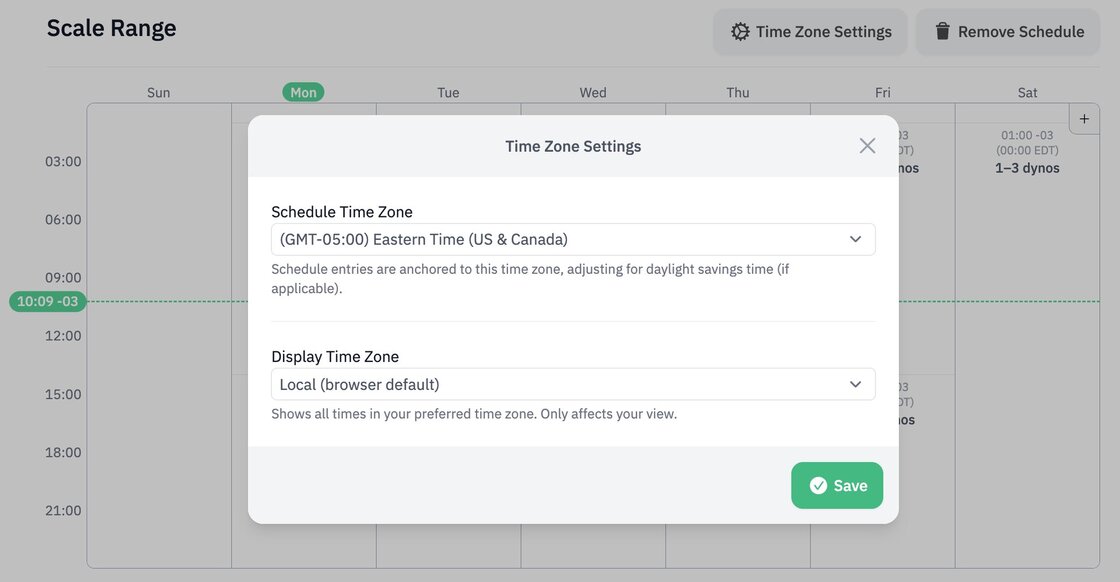 Screenshot of the new time-zone selector in the Judoscale UI