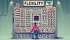 An AI-generated image of a person sitting at an absolutely massive console full of guages, knobs, screens, and dials. Likely twice their height and the size of a room, it’s just a totally overwhelming machine. “Flexibility” is on the sign above the console.