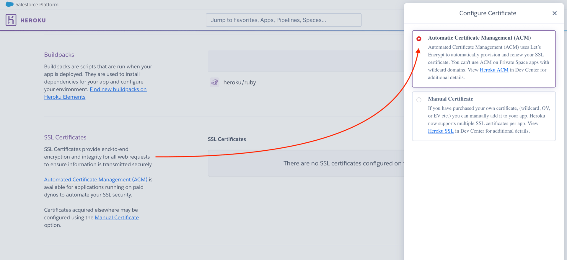 A screenshot of Heroku’s SSL management dashboard showing the automatic management option enabled