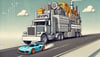 An AI-generated illustration of a large, bloated semi-truck carrying all sorts of DevOps tools (Grafana, Terraform, Kubernetes, self hosted runners, etc.) being passed on the highway by a sports car with “PaaS-Ops” on the side