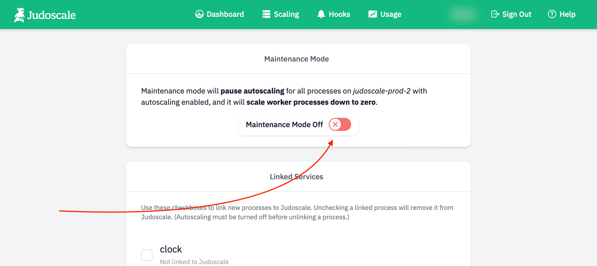 A screenshot of the maintenance mode pill toggle switch living inside the App show/edit page