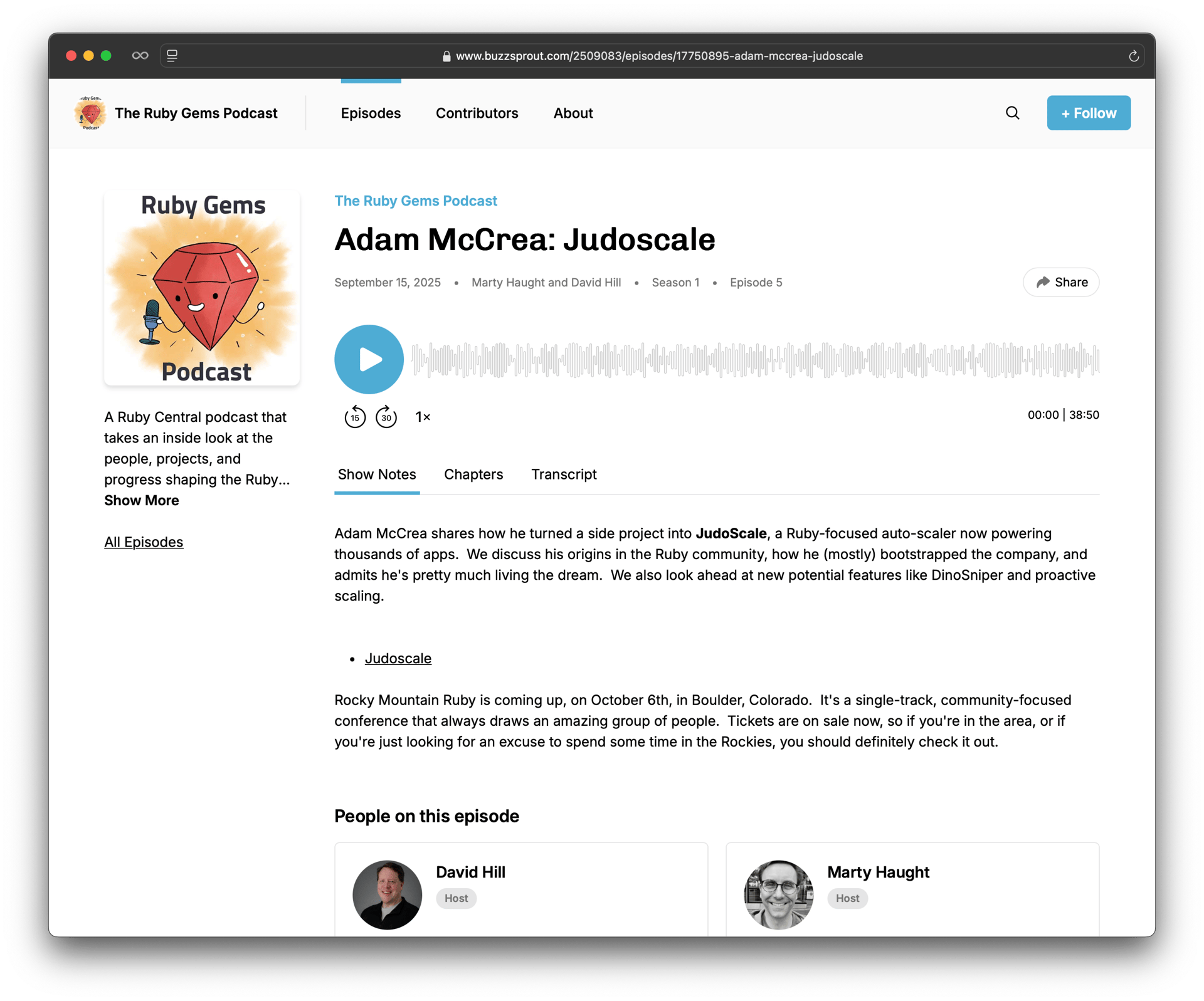 Screenshot of the webpage for the podcast, which has an audio player embedded within