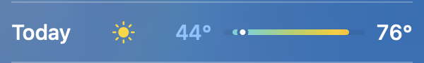 A screenshot of a weather application showing that today’s forecast calls for a high of 76 degrees