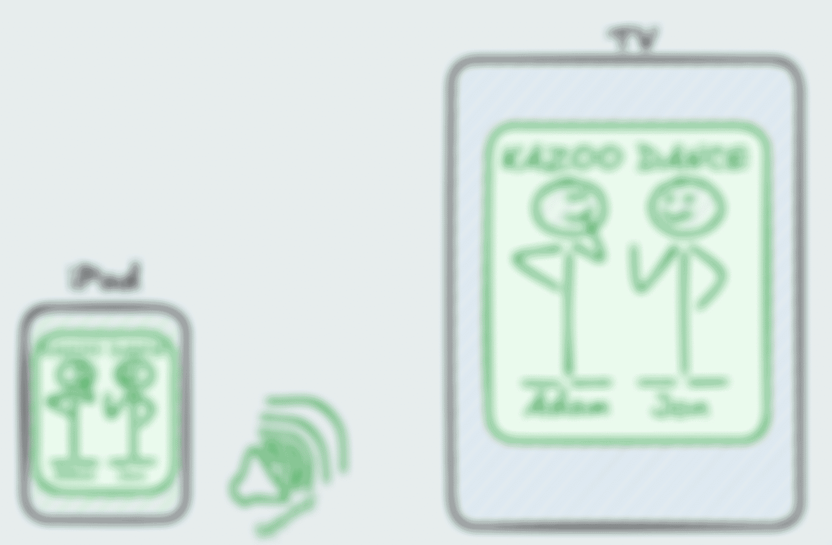 A slightly more complex diagram now showing both displays with the same content on it, Adam and Jon stick figures, and a speaker in the middle somewhere indicating very loud volume