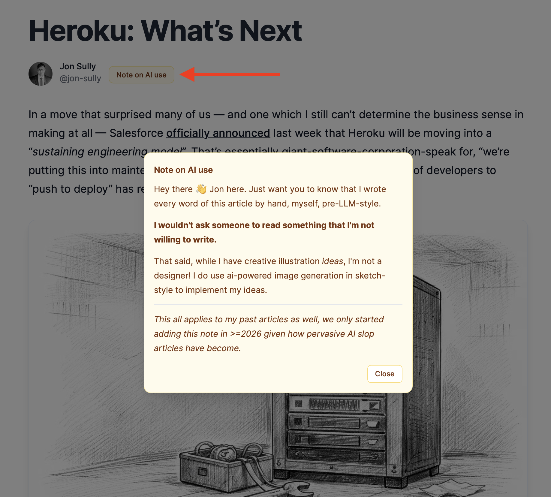 Screenshot of our ‘note on ai use’ popover from our blog