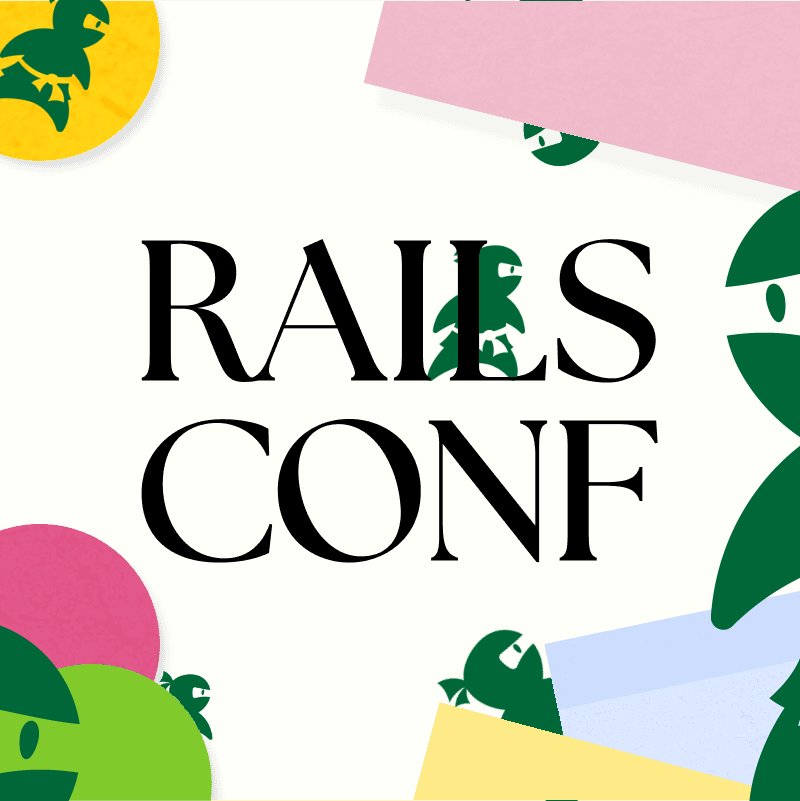 The RailsConf logo with a bunch of Judoscale ninjas plastered all over it whimsically