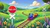 An AI-generated image of a train rolling through a peaceful rolling meadow, coming up to stop-sign with the words “PaaS-Ops” on it, essentially representing some kind of roadblock or stoppage, like an error.