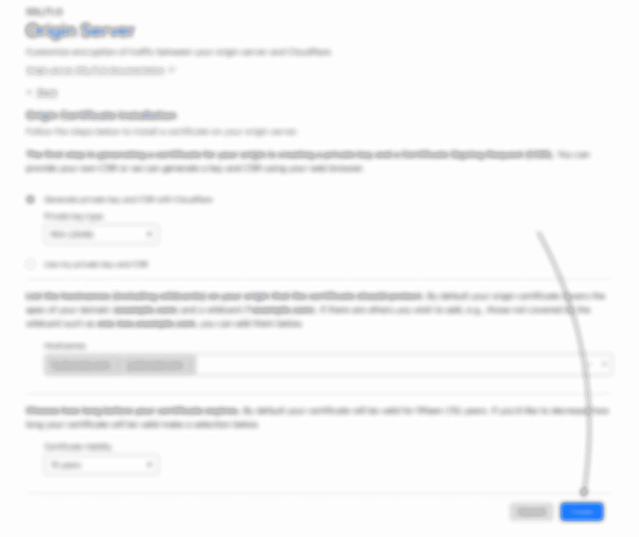 Screenshot of the Origin Certificate create form in the Cloudflare Dashboard UI