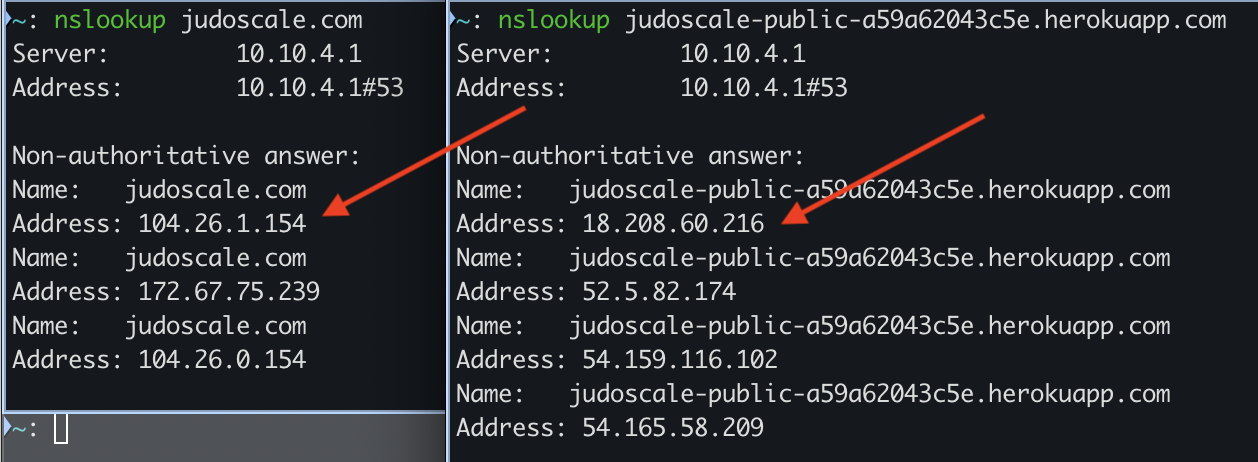 Screenshot of the `nslookup` tool resolving different IP addresses for Judoscale.com and the real herokuapp subdomain for this application