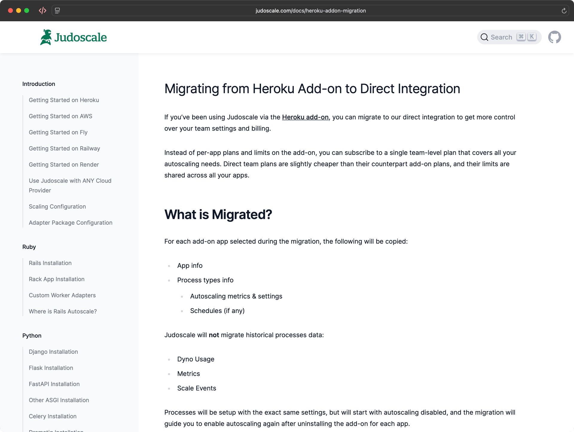 Screenshot of the Judoscale docs starting on the page ‘Migrating from Heroku Add-on to Direct Integration’