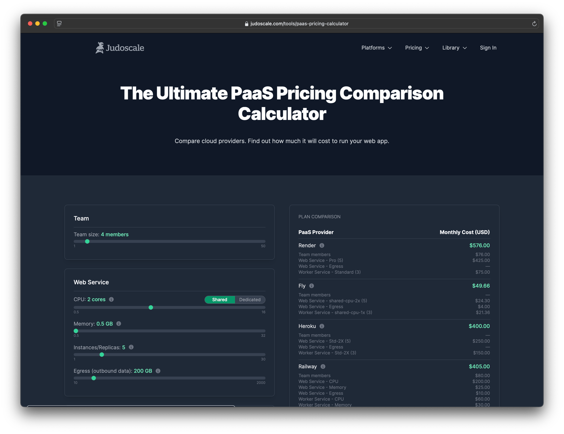 A screenshot of the Judoscale PaaS Calculator webpage