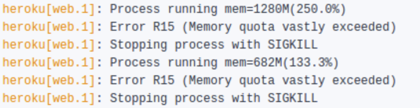 Screenshot of Heroku logs showing a web process that hit R15 and got sent a SIGKILL