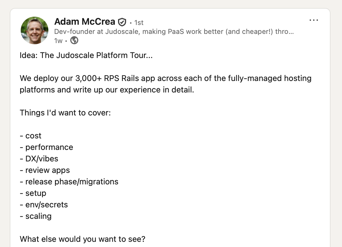 Screenshot of Adam’s post on LinkedIn soliciting topics to cover in the upcoming series
